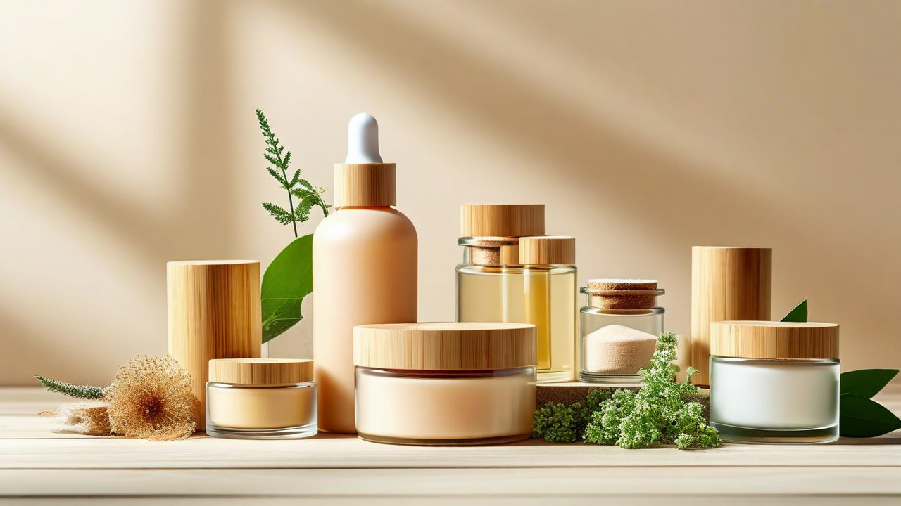 Clean beauty products display featuring sustainable packaging, glass jars, and botanical ingredients on minimal eco-friendly background