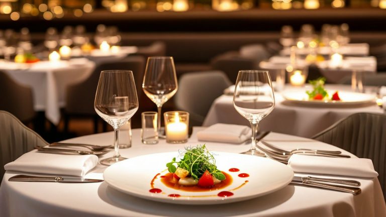 Elegant Michelin-starred restaurant interior with luxurious table settings and artistically plated gourmet dishes