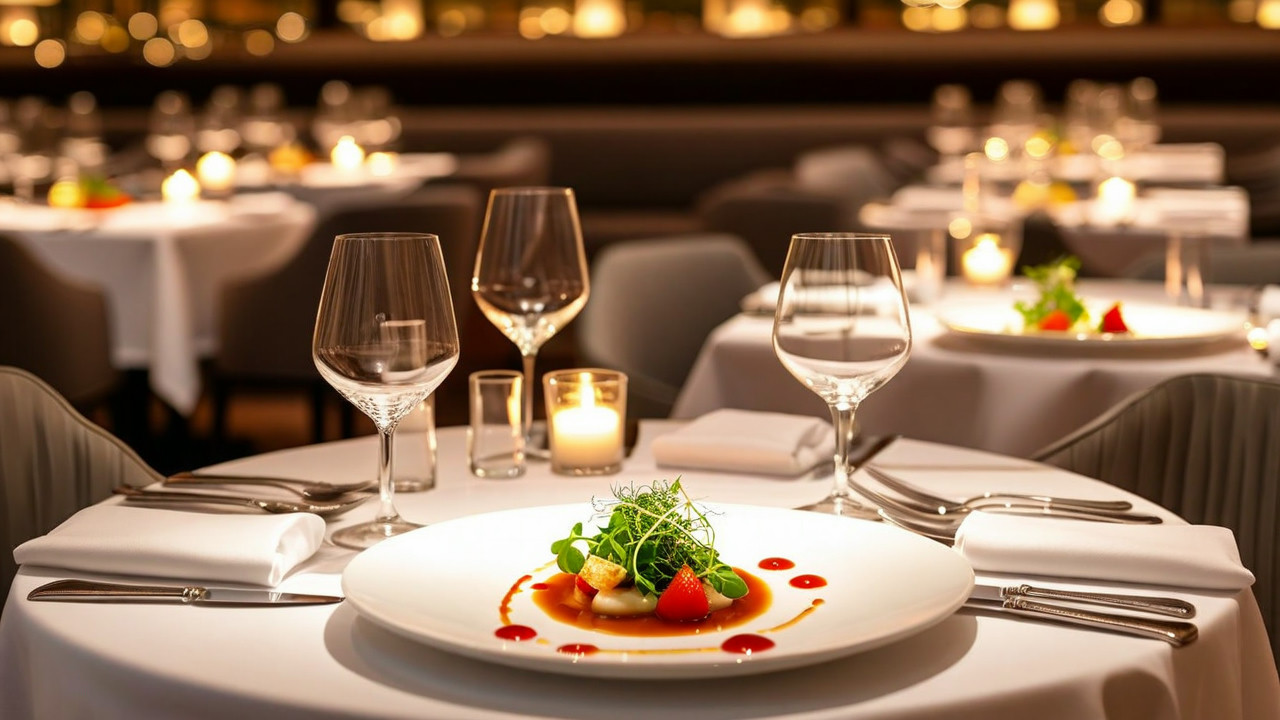 Elegant Michelin-starred restaurant interior with luxurious table settings and artistically plated gourmet dishes
