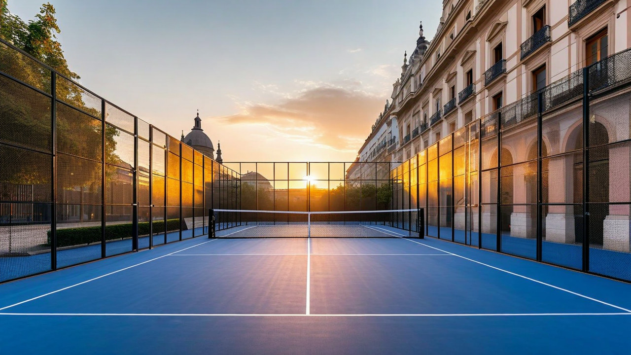 Modern padel court with glass walls and artificial turf in European city setting