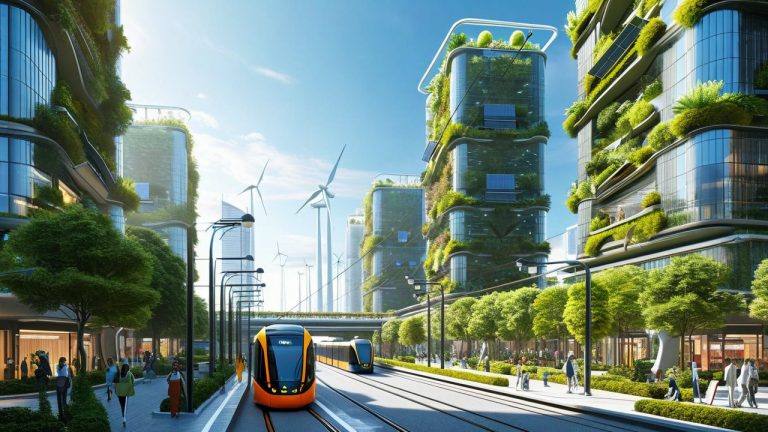 Photorealistic futuristic European city featuring sustainable architecture, renewable energy systems, vertical gardens, and eco-friendly transportation networks integrated into an urban landscape