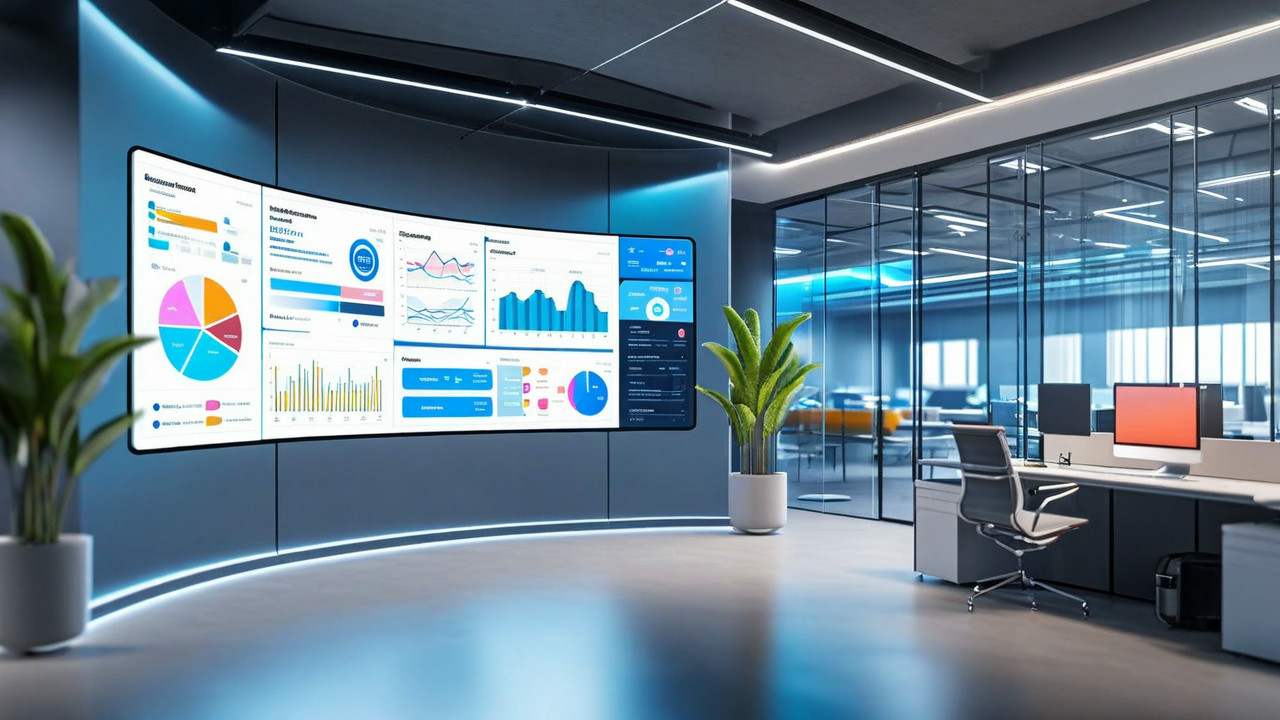 Futuristic AI marketing dashboard showing analytics, chatbots and personalized content recommendations on modern office monitor