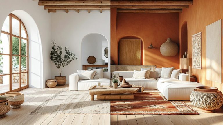 Side-by-side comparison of minimalist Scandinavian living room and warm Mediterranean living room interiors