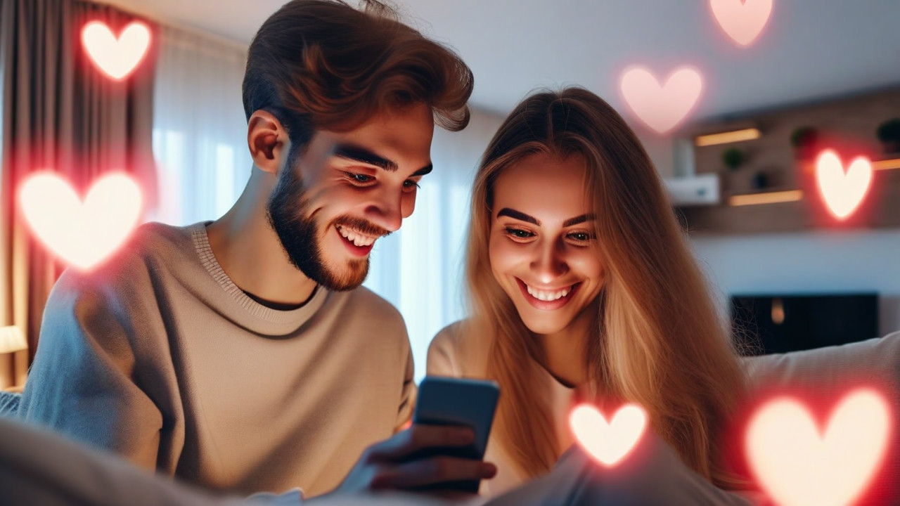 Photo-realistic image of attractive couple video chatting on dating app with floating digital match notifications and modern interface elements
