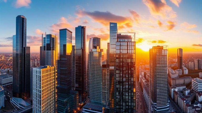 Modern European city skyline with contemporary high-rise buildings and luxury real estate developments in a photo-realistic style