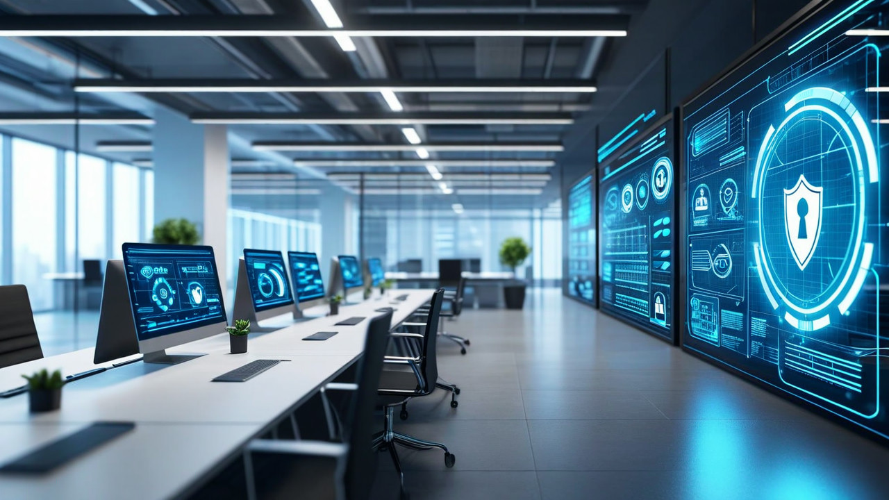 European office data protection dashboard displaying GDPR compliance metrics, privacy icons, and cybersecurity controls on modern digital interface