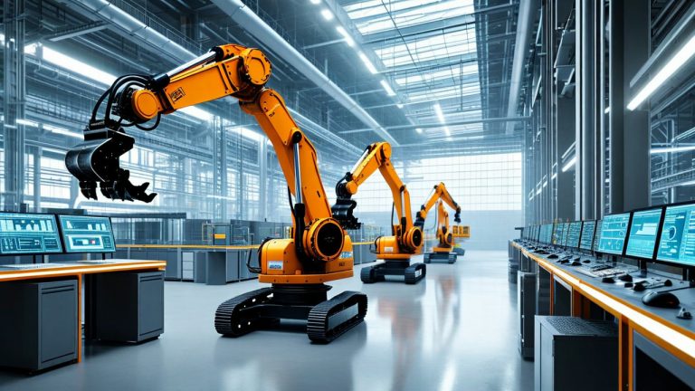 Futuristic European construction site with AI-powered robots and digital twin technology performing automated building processes in photorealistic detail