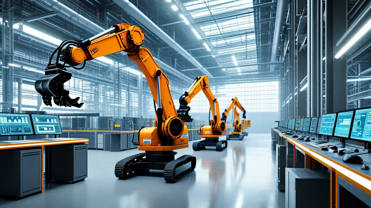 Futuristic European construction site with AI-powered robots and digital twin technology performing automated building processes in photorealistic detail