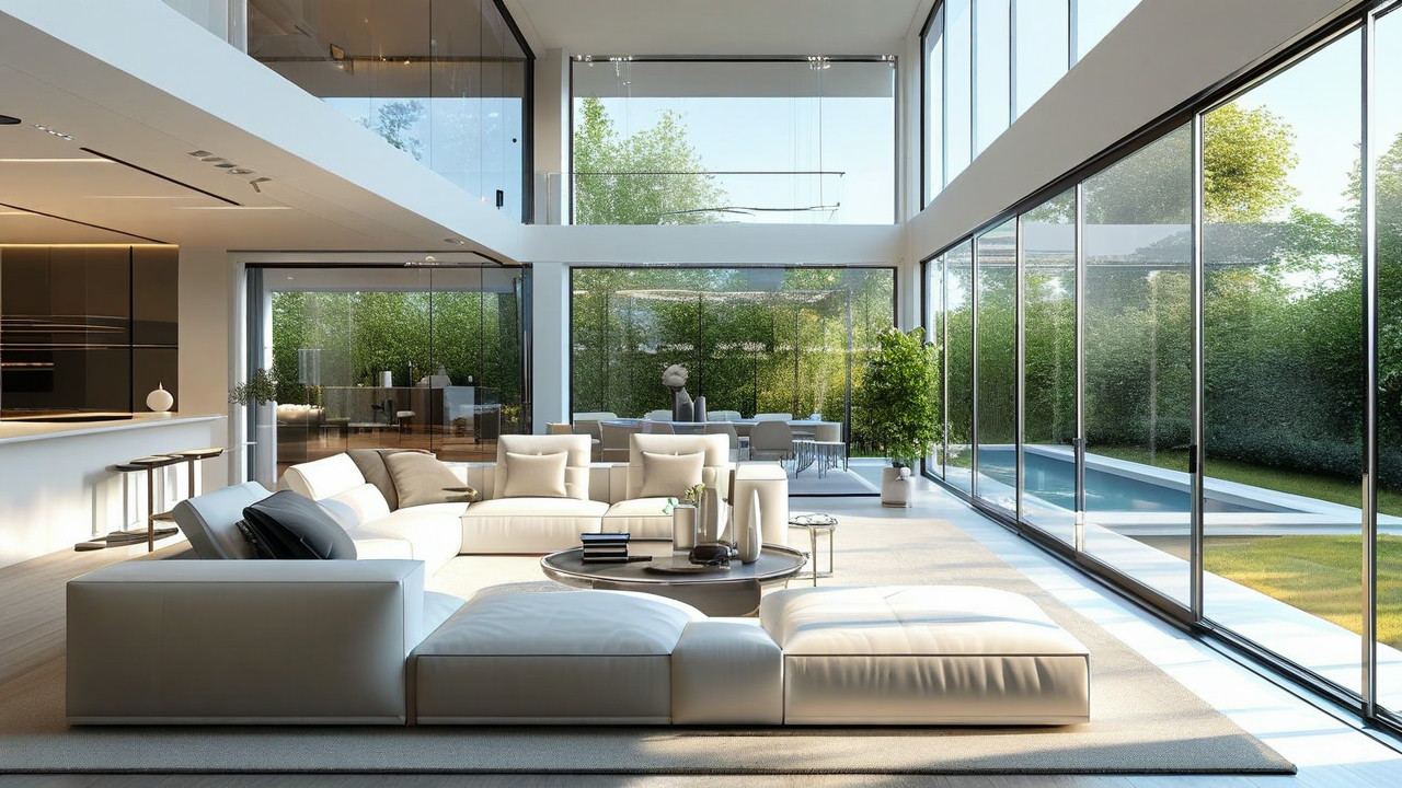 Futuristic smart home interior with integrated AI automation systems, security features, and sustainable technology showcasing modern connected living