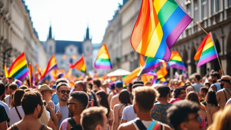 A vibrant scene of diverse individuals celebrating LGBTQ+ Pride in a historic European city square. The photo captures people of different ages, ethnicities, and gender expressions waving rainbow flags, sharing embraces, and engaging in meaningful conversations.