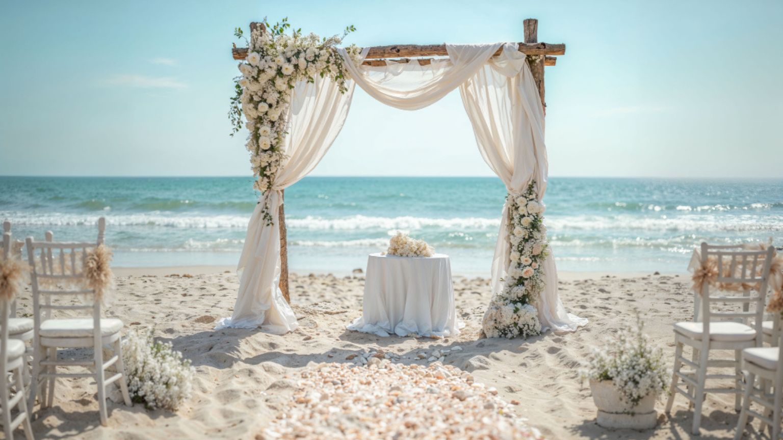 Ibiza or Formentera beach decorated for an LGTBIQ+ ceremony officiated by a celebrant.