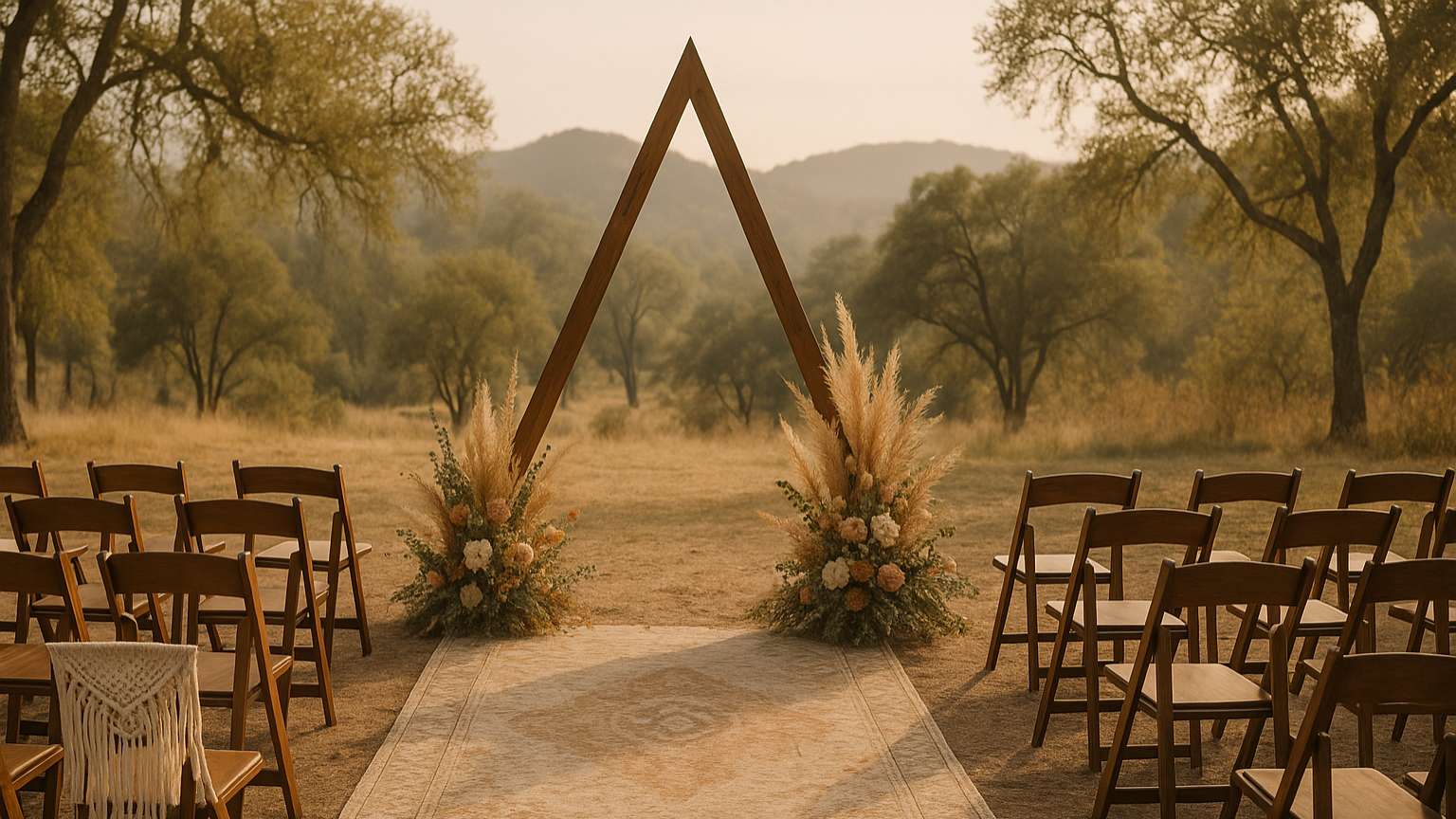 Natural setting prepared for personalized ceremonies with boho décor and non-religious symbolic style.